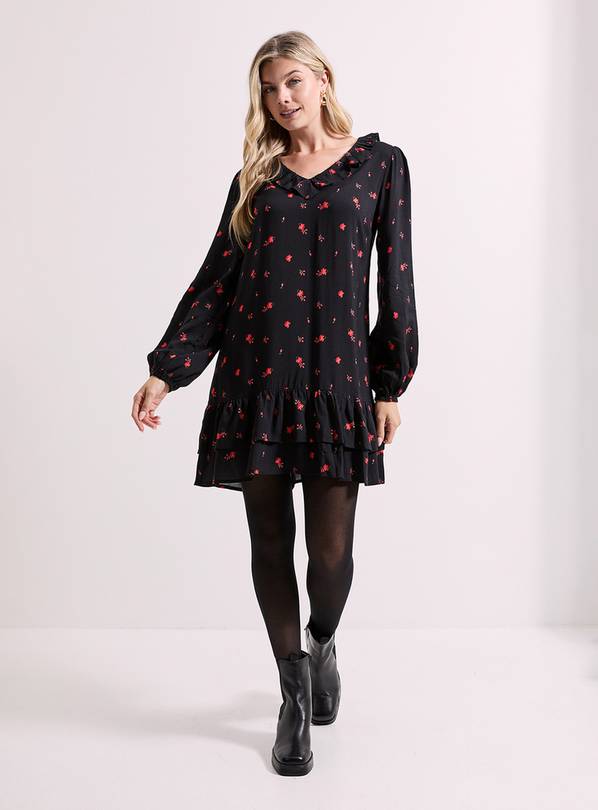 DOROTHY PERKINS Ditsy Floral Collar Detail Blouson Sleeve Tiered Mini Dress 18